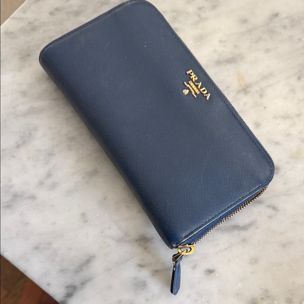 Prada Navy Wallet with Gold Details